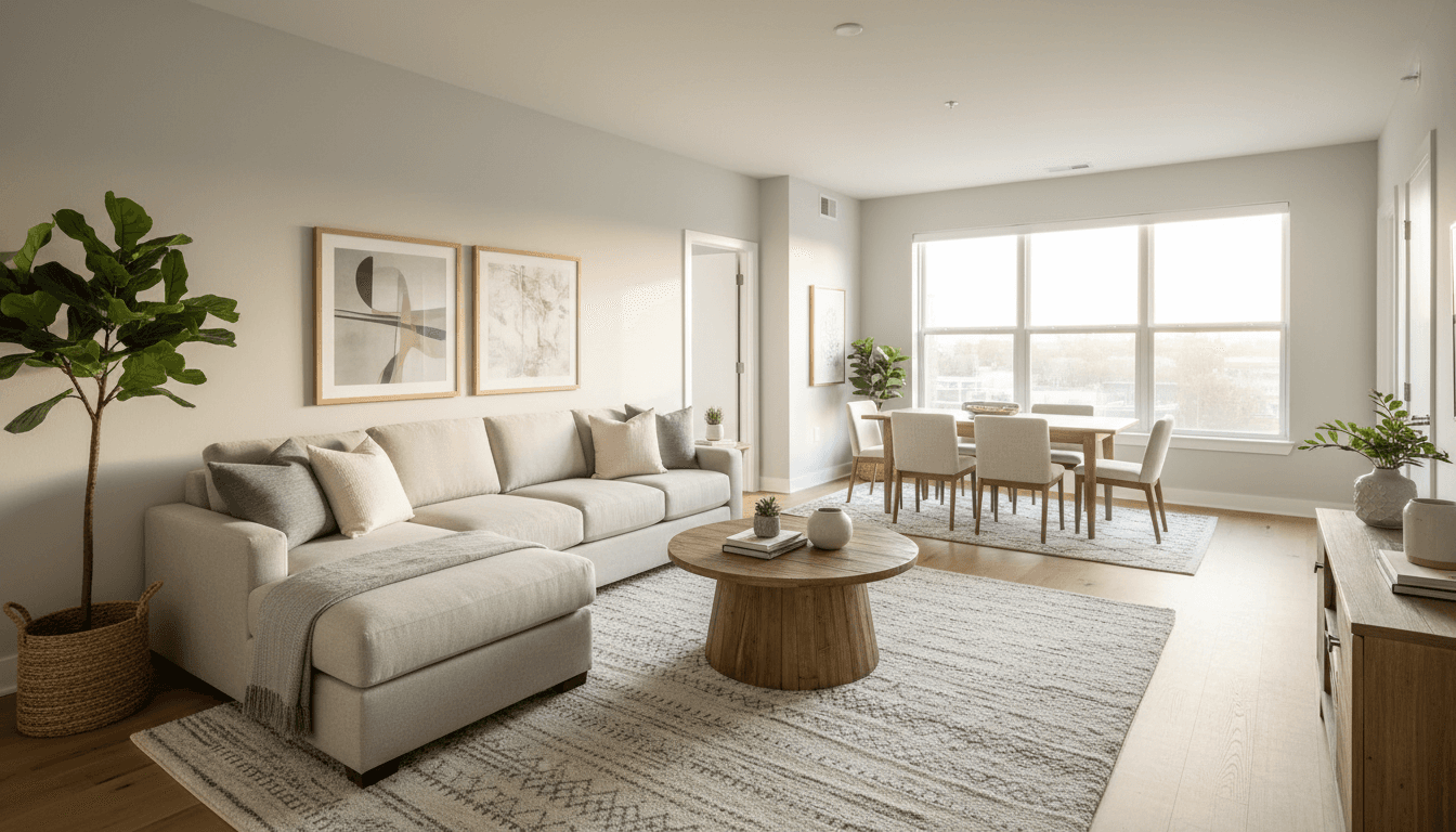Bright, welcoming open-plan living and dining area with comfortable sofa, natural light, and modern furnishings in corporate housing