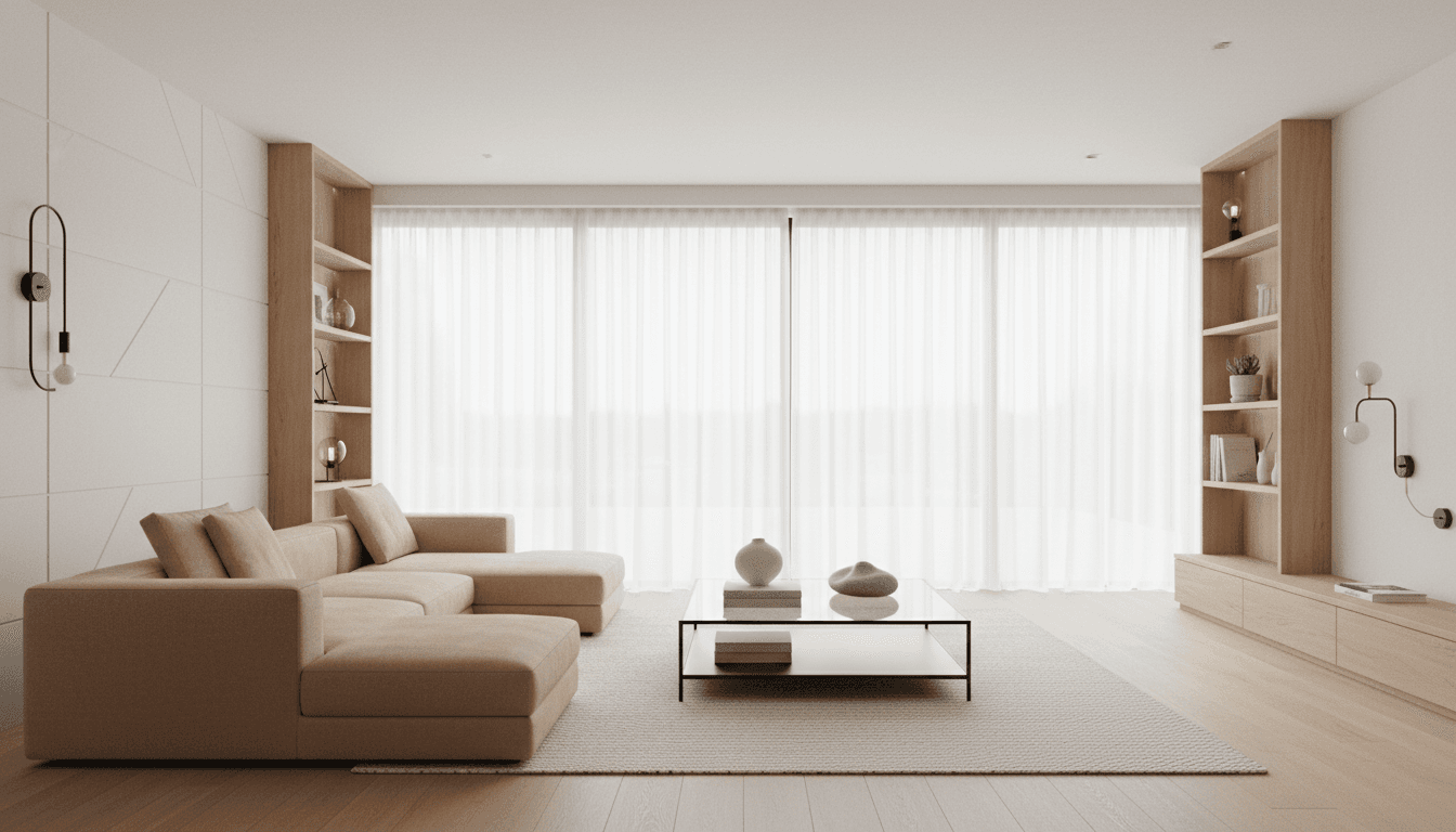Luxury minimalist living room with neutral furnishings, natural light, and clean architectural lines